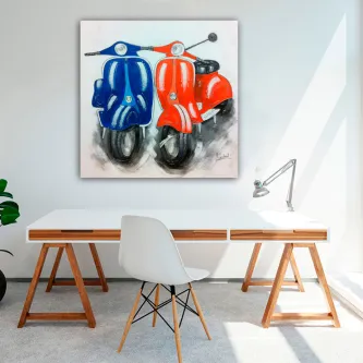 Quadro com duas motas estilo pop art, uma azul e outra laranja