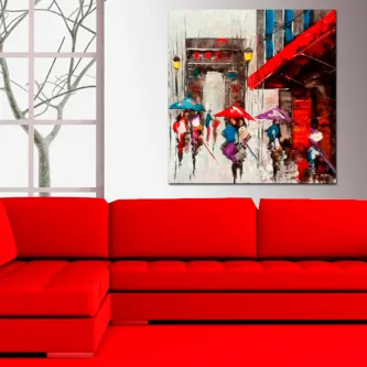 Tela colorida de rua chuvosa com figuras e guarda-chuvas sobre sofá vermelho