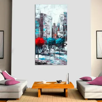 Pintura de paisagem urbana com edifícios abstratos e árvores vermelhas e turquesa