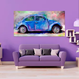 Quadro pop art de um carro Besouro azul sobre parede roxa