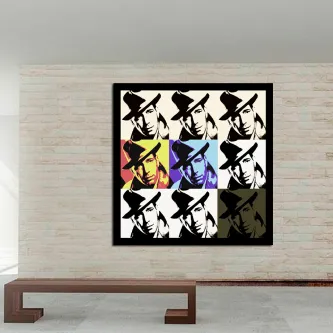 Quadro pop art com nove retratos estilizados em diferentes cores