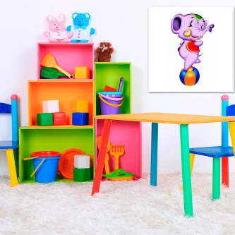 Pintura de elefante infantil a equilibrar-se numa bola, quadro numa sala de brincar colorida