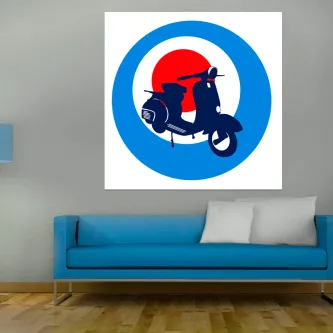 Armação Vespa com scooter azul em alvo vermelho e azul em estilo pop art
