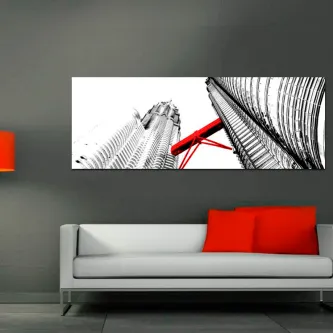 Pintura das Torres Petronas em perspetiva ascendente com passarela vermelha