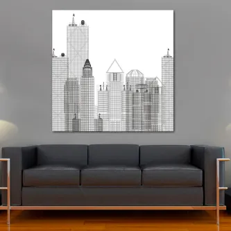 Pintura arquitetônica de horizonte urbano minimalista em traço preto sobre branco
