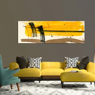 Pintura abstrata amarela com faixas horizontais e traços negros e castanhos