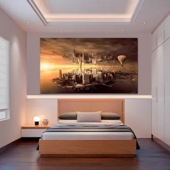 Pintura de Nova Iorque fantástica flutuante ao pôr do sol com balão, em quarto moderno.