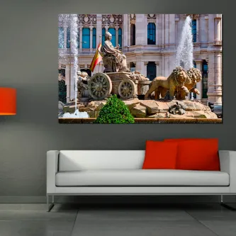 Pintura da Fonte de Cibeles em Madrid com carruagem e leões