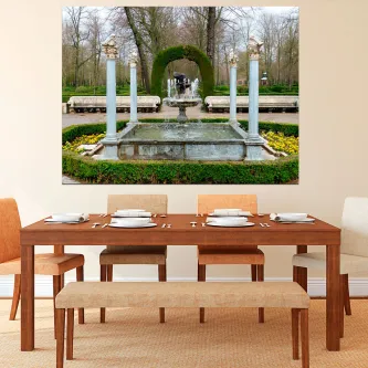 Jardins de Aranjuez pintura com fonte central, arcada verde e bancos