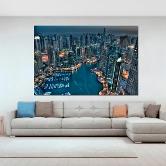 Pintura de arranha-céus e marina de Dubai à noite sobre sofá