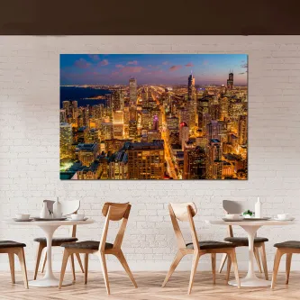 Pintura de Chicago, panorama noturno do horizonte urbano iluminado