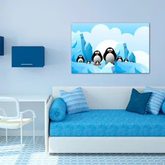 Pintura de pinguim com grupo de pinguins sobre icebergs em tons de azul