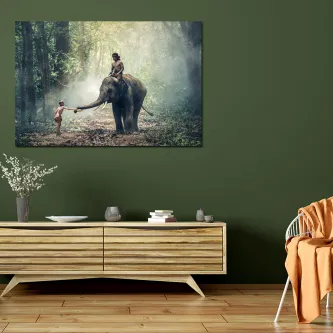 Pintura de elefante em bosque, homem montado no animal e criança a tocar na tromba