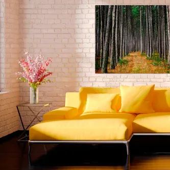 Pintura Bosque, quadro de pinheiros com trilho de folhas, pendurada sobre sofá amarelo