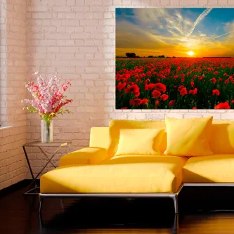 Amanhecer em campo de papoulas, pintura pendurada numa sala com sofá amarelo