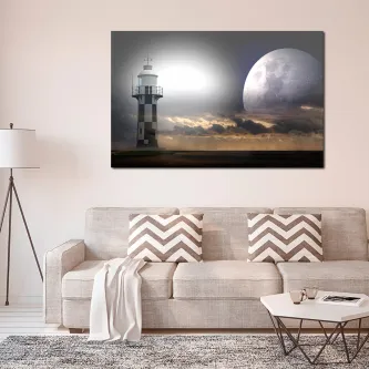 Pintura com farol junto ao mar sob lua gigante e nuvens