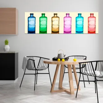 Caixa de garrafas de cor com seis garrafas coloridas alinhadas em quadro pop art