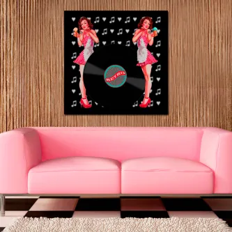 Pin-up pintando um disco numa tela pop art com notas musicais