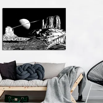 Nave espacial em paisagem lunar estilo quadrinhos com planeta anelado