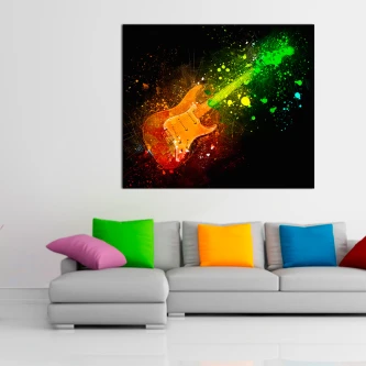Moldura de guitarra elétrica colorida com respingos verdes e laranja sobre fundo preto