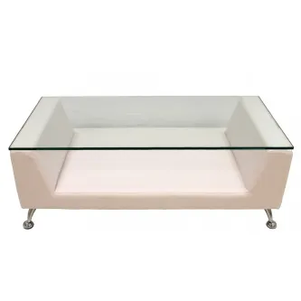 Mesa de centro Kate com tampo de vidro, estrutura estofada branca e pés metálicos