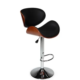 Banco de bar Eames com assento e encosto negros, concha em madeira e base cromada