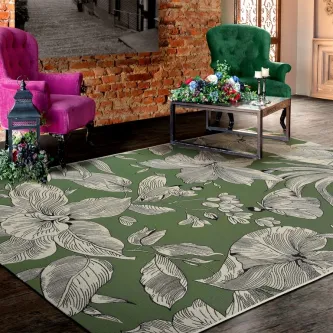 Tapete Botanical Chenille verde com padrão de folhas grandes