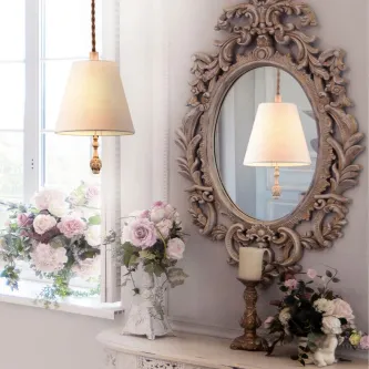 Candeeiro de teto cipresso bege pendente com abajur refletido em espelho ornamentado
