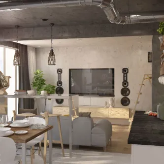 Candeeiro de teto Rappe preto suspenso sobre mesa num loft moderno