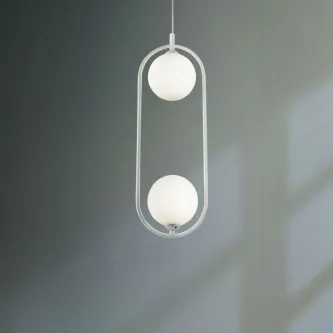 Estrutura oval branca com duas esferas opacas iluminadas