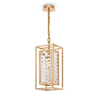 Candeeiro de teto Tening dourado com estrutura retangular e painéis de cristal