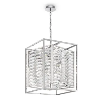 Candeeiro de teto Tening cromado com estrutura cúbica e painéis de cristal