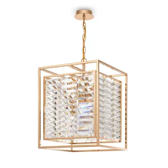 Candeeiro dourado em cubo com prismas de cristal e corrente suspensa