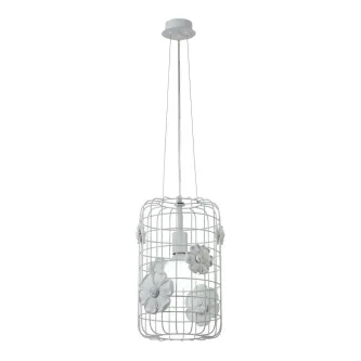 Candeeiro suspenso branco em gaiola metálica com flores decorativas