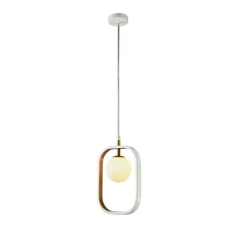 Candeeiro de teto com estrutura oval branca e dourada e globo opalino central