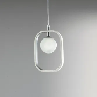 Candeeiro suspenso Avola white with silver com aro prateado retangular e globo opalino branco