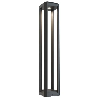 Candeeiro exterior cinzento de piso com estrutura rectangular e luminária no topo