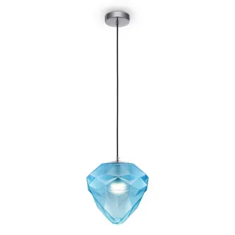 Candeeiro de teto globo cromado com cúpula azul facetada em forma de gema