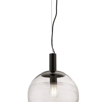 Candeeiro de teto preto com globo de vidro estriado e cabo fino suspenso