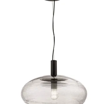Candeeiro de teto preto com cúpula oval de vidro canelado e lâmpada exposta