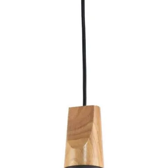 Candeeiro de teto bicone cinzento com suporte em madeira e cabo preto