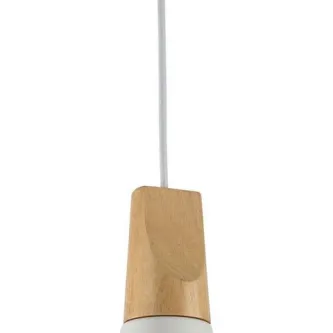 Candeeiro de teto bicones branco com suporte em madeira e cabo branco
