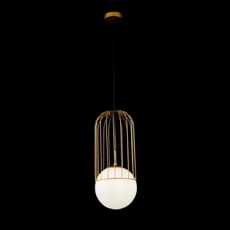 Candeeiro de teto Telford dourado suspenso, gaiola metálica e difusor esférico branco