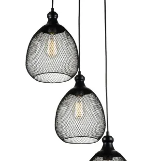 Candeeiro de teto grille preto com abajures de rede metálica em trio suspenso
