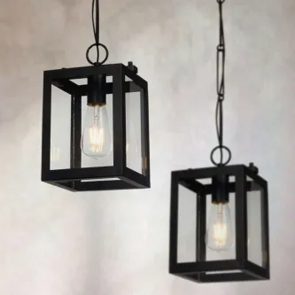 Candeeiro de teto Delphi preto com dois pendentes quadrados em metal e lâmpadas Edison visíveis