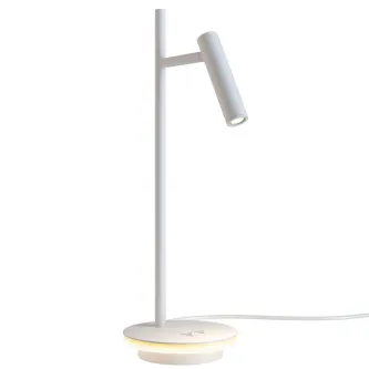 Candeeiro de mesa branco com haste fina, cabeça cilíndrica orientável e base redonda iluminada