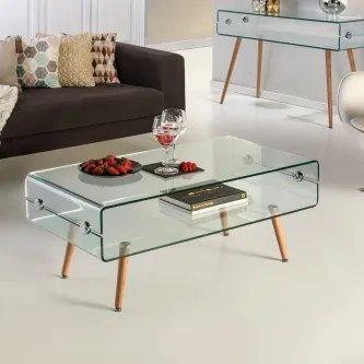 Mesa de centro Glass Natural em vidro com pernas de madeira e prateleira inferior