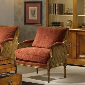 Cadeirão Constance em palhinha com estofos terracota e armação de madeira