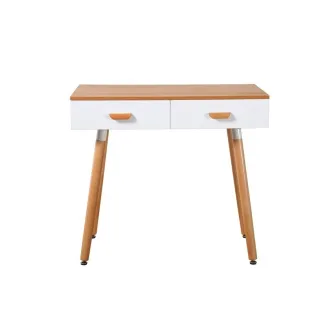 Secretária Aretha branca com tampo e pernas de madeira e duas gavetas.