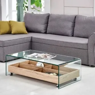 Mesa de centro Ariana em vidro com gaveta de madeira e rodízios